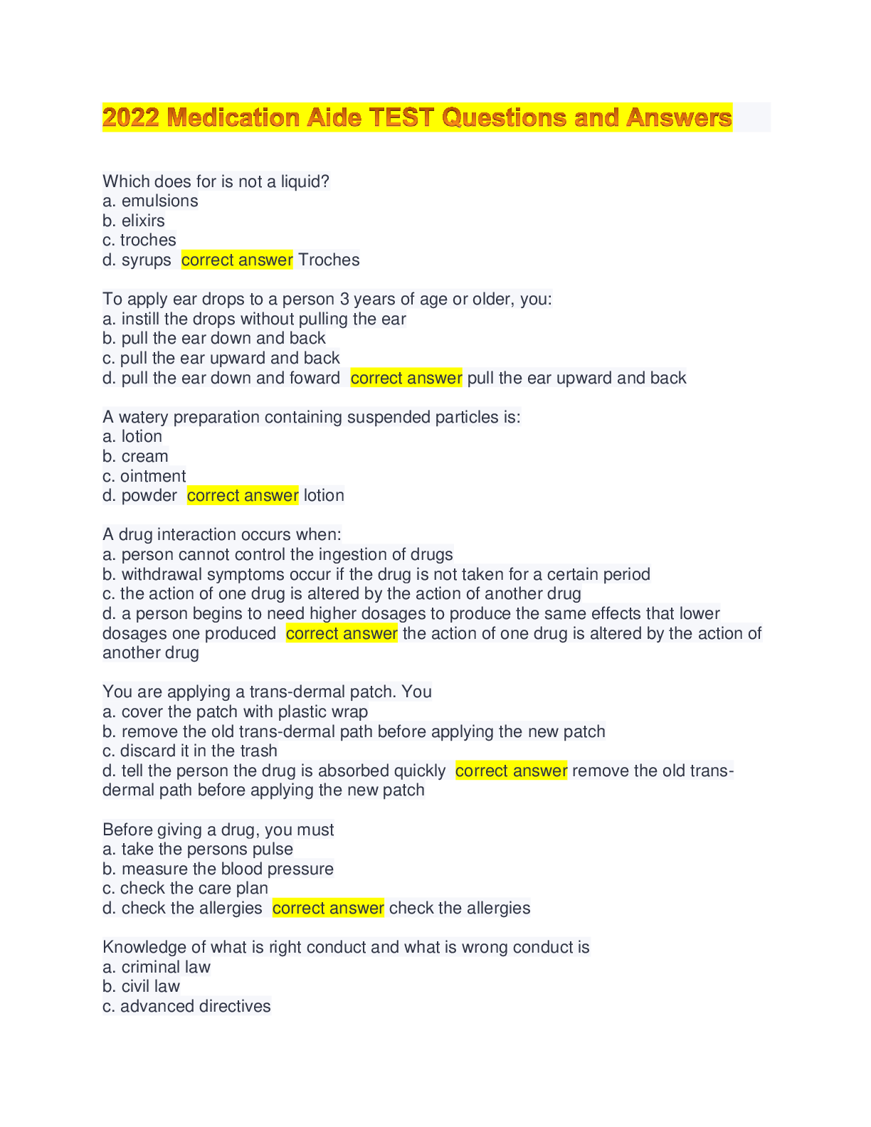 Preview image for Medication Aide TEST Questions and Answers 20222023
